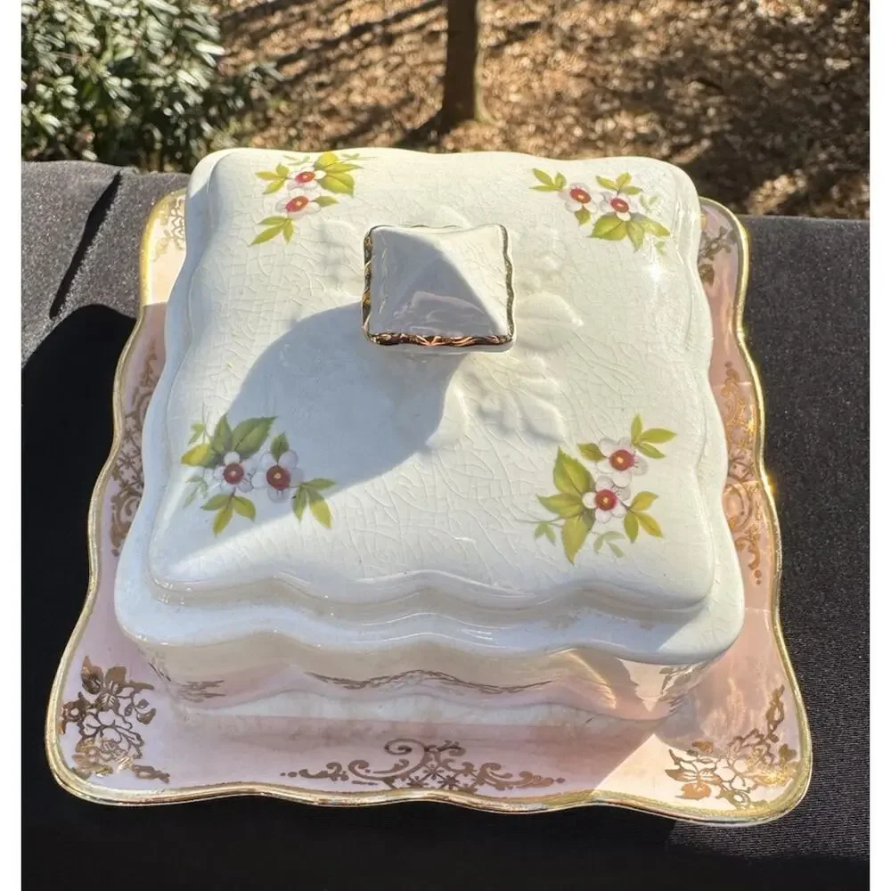 Old Foley James Kent Covered CHEESE or BUTTER DISH Floral w/ Gold Trim Square